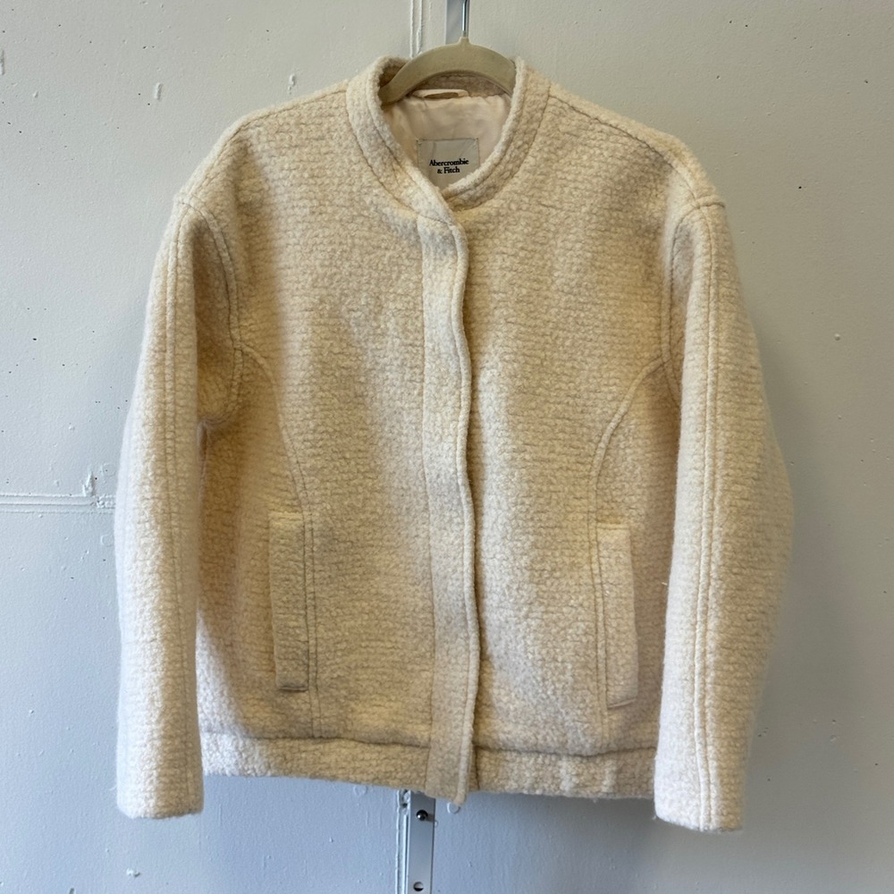 Abercrombie & Fitch Cream Wool Blend Sherpa Bomber Jacket Mock Neck Size Medium